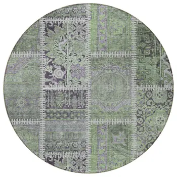 8' Green And Charcoal Round Patchwork Washable Indoor Outdoor Area Rug