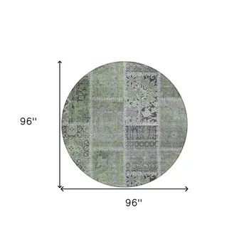8' Green And Charcoal Round Patchwork Washable Indoor Outdoor Area Rug