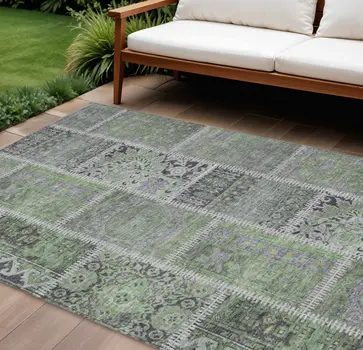8' X 10' Green And Charcoal Patchwork Washable Indoor Outdoor Area Rug