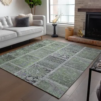 8' X 10' Green And Charcoal Patchwork Washable Indoor Outdoor Area Rug