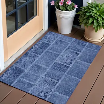 3' X 5' Navy Blue And Denim Blue Patchwork Washable Indoor Outdoor Area Rug