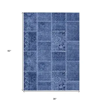 3' X 5' Navy Blue And Denim Blue Patchwork Washable Indoor Outdoor Area Rug