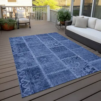3' X 5' Navy Blue And Denim Blue Patchwork Washable Indoor Outdoor Area Rug