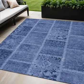 5' X 8' Navy Blue And Denim Blue Patchwork Washable Indoor Outdoor Area Rug