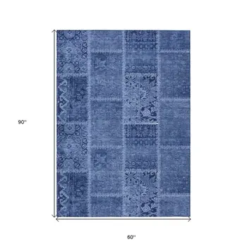 5' X 8' Navy Blue And Denim Blue Patchwork Washable Indoor Outdoor Area Rug