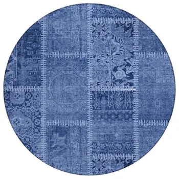 8' Navy Blue And Denim Blue Round Patchwork Washable Indoor Outdoor Area Rug