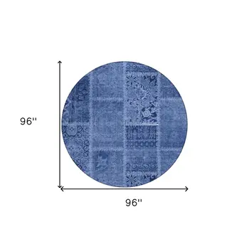 8' Navy Blue And Denim Blue Round Patchwork Washable Indoor Outdoor Area Rug
