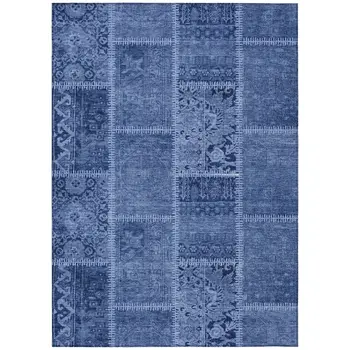 8' X 10' Navy Blue And Denim Blue Patchwork Washable Indoor Outdoor Area Rug