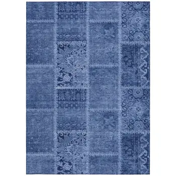 8' X 10' Navy Blue And Denim Blue Patchwork Washable Indoor Outdoor Area Rug