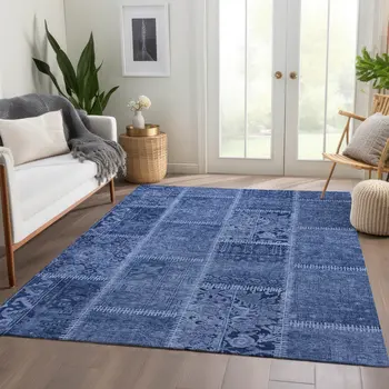 8' X 10' Navy Blue And Denim Blue Patchwork Washable Indoor Outdoor Area Rug