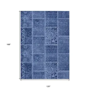 10' X 14' Navy Blue And Denim Blue Patchwork Washable Indoor Outdoor Area Rug