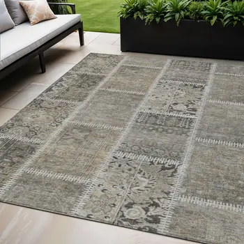 5' X 8' Taupe Beige And Tan Patchwork Washable Indoor Outdoor Area Rug