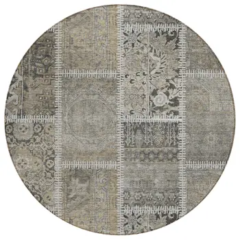 8' Taupe Beige And Tan Round Patchwork Washable Indoor Outdoor Area Rug