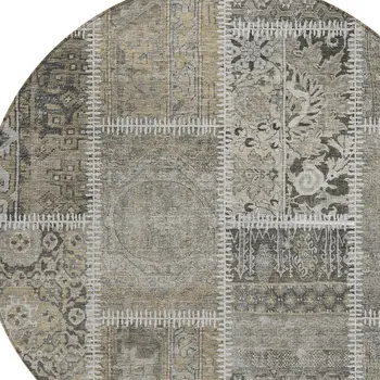 8' Taupe Beige And Tan Round Patchwork Washable Indoor Outdoor Area Rug