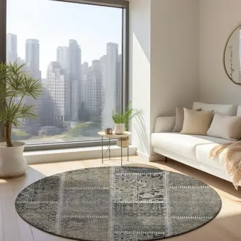 8' Taupe Beige And Tan Round Patchwork Washable Indoor Outdoor Area Rug