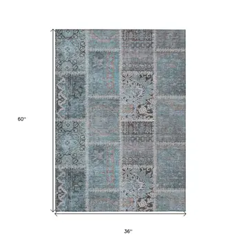 3' X 5' Teal Blue Aqua And Beige Patchwork Washable Indoor Outdoor Area Rug