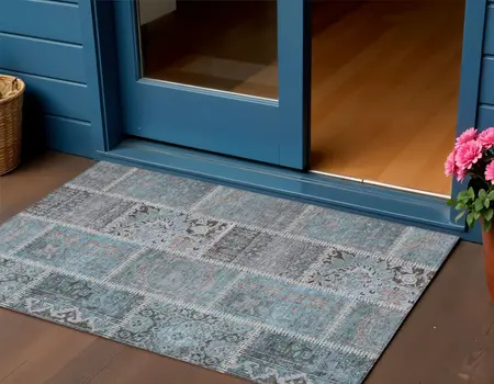 3' X 5' Teal Blue Aqua And Beige Patchwork Washable Indoor Outdoor Area Rug