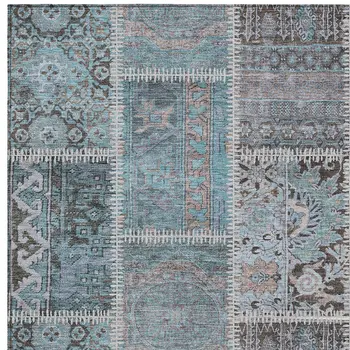 3' X 5' Teal Blue Aqua And Beige Patchwork Washable Indoor Outdoor Area Rug