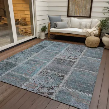 5' X 8' Teal Blue Aqua And Beige Patchwork Washable Indoor Outdoor Area Rug