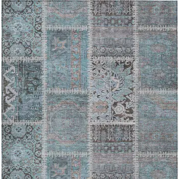 5' X 8' Teal Blue Aqua And Beige Patchwork Washable Indoor Outdoor Area Rug
