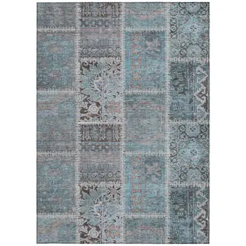 5' X 8' Teal Blue Aqua And Beige Patchwork Washable Indoor Outdoor Area Rug