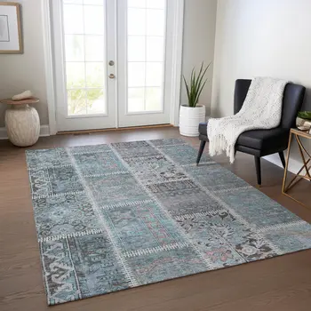 5' X 8' Teal Blue Aqua And Beige Patchwork Washable Indoor Outdoor Area Rug