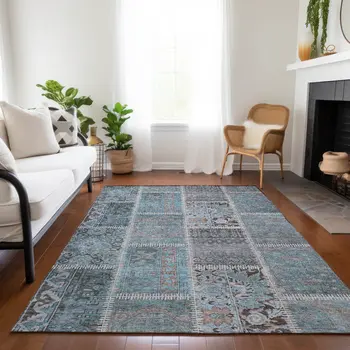 5' X 8' Teal Blue Aqua And Beige Patchwork Washable Indoor Outdoor Area Rug