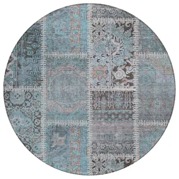 8' Teal Blue Aqua And Beige Round Patchwork Washable Indoor Outdoor Area Rug