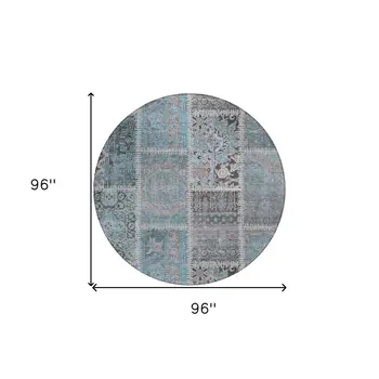 8' Teal Blue Aqua And Beige Round Patchwork Washable Indoor Outdoor Area Rug