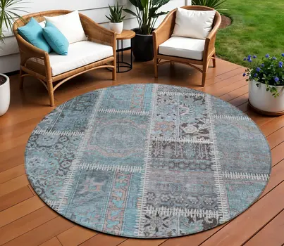 8' Teal Blue Aqua And Beige Round Patchwork Washable Indoor Outdoor Area Rug