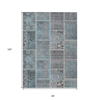 8' X 10' Teal Blue Aqua And Beige Patchwork Washable Indoor Outdoor Area Rug