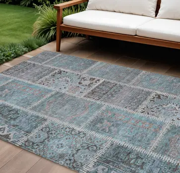 8' X 10' Teal Blue Aqua And Beige Patchwork Washable Indoor Outdoor Area Rug