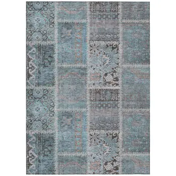 8' X 10' Teal Blue Aqua And Beige Patchwork Washable Indoor Outdoor Area Rug