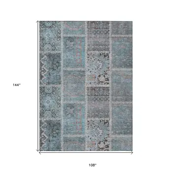 9' X 12' Teal Blue Aqua And Beige Patchwork Washable Indoor Outdoor Area Rug