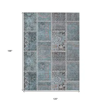 10' X 14' Teal Blue Aqua And Beige Patchwork Washable Indoor Outdoor Area Rug