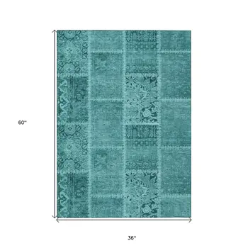 3' X 5' Turquoise Teal Blue And Aqua Patchwork Washable Indoor Outdoor Area Rug