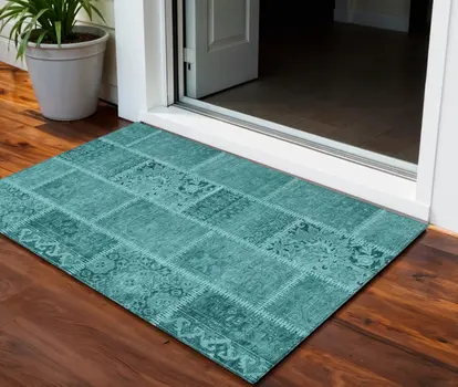 3' X 5' Turquoise Teal Blue And Aqua Patchwork Washable Indoor Outdoor Area Rug