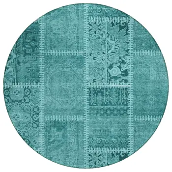 8' Turquoise Teal Blue And Aqua Round Patchwork Washable Indoor Outdoor Area Rug