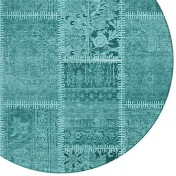8' Turquoise Teal Blue And Aqua Round Patchwork Washable Indoor Outdoor Area Rug