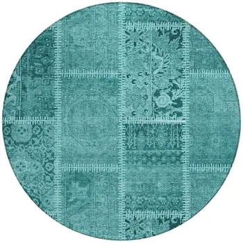 8' Turquoise Teal Blue And Aqua Round Patchwork Washable Indoor Outdoor Area Rug