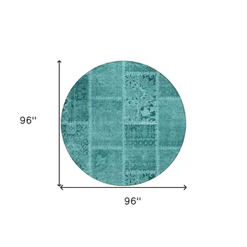 8' Turquoise Teal Blue And Aqua Round Patchwork Washable Indoor Outdoor Area Rug