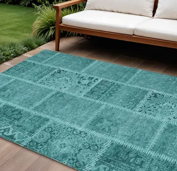 8' X 10' Turquoise Teal Blue And Aqua Patchwork Washable Indoor Outdoor Area Rug
