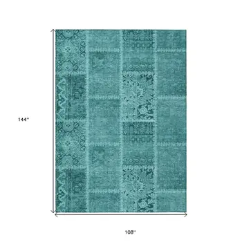 9' X 12' Turquoise Teal Blue And Aqua Patchwork Washable Indoor Outdoor Area Rug
