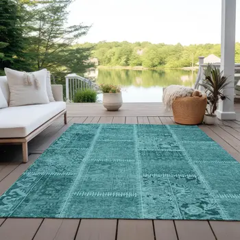 9' X 12' Turquoise Teal Blue And Aqua Patchwork Washable Indoor Outdoor Area Rug