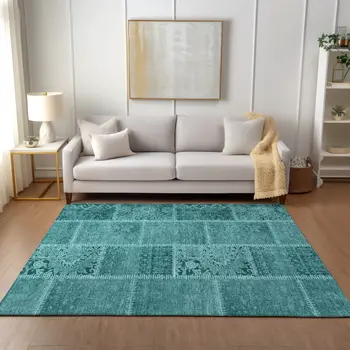 9' X 12' Turquoise Teal Blue And Aqua Patchwork Washable Indoor Outdoor Area Rug