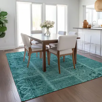 9' X 12' Turquoise Teal Blue And Aqua Patchwork Washable Indoor Outdoor Area Rug