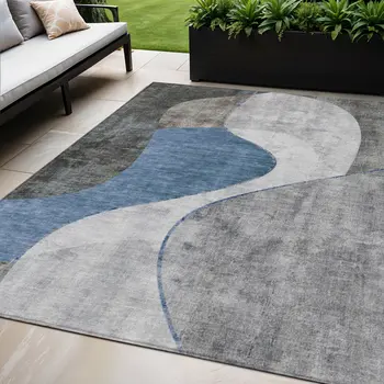 5' X 8' Denim Blue And Sky Blue Abstract Washable Indoor Outdoor Area Rug