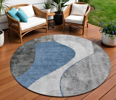 8' Denim Blue And Sky Blue Round Abstract Washable Indoor Outdoor Area Rug