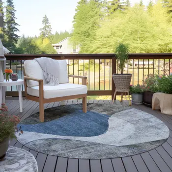 8' Denim Blue And Sky Blue Round Abstract Washable Indoor Outdoor Area Rug