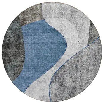 8' Denim Blue And Sky Blue Round Abstract Washable Indoor Outdoor Area Rug